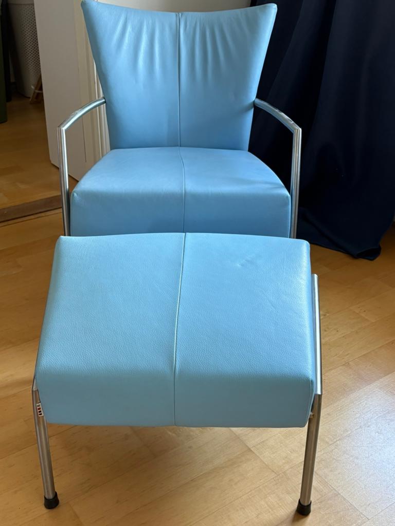 Stoel met hocker, Ophalen, Blauw, Leer, Zo goed als nieuw