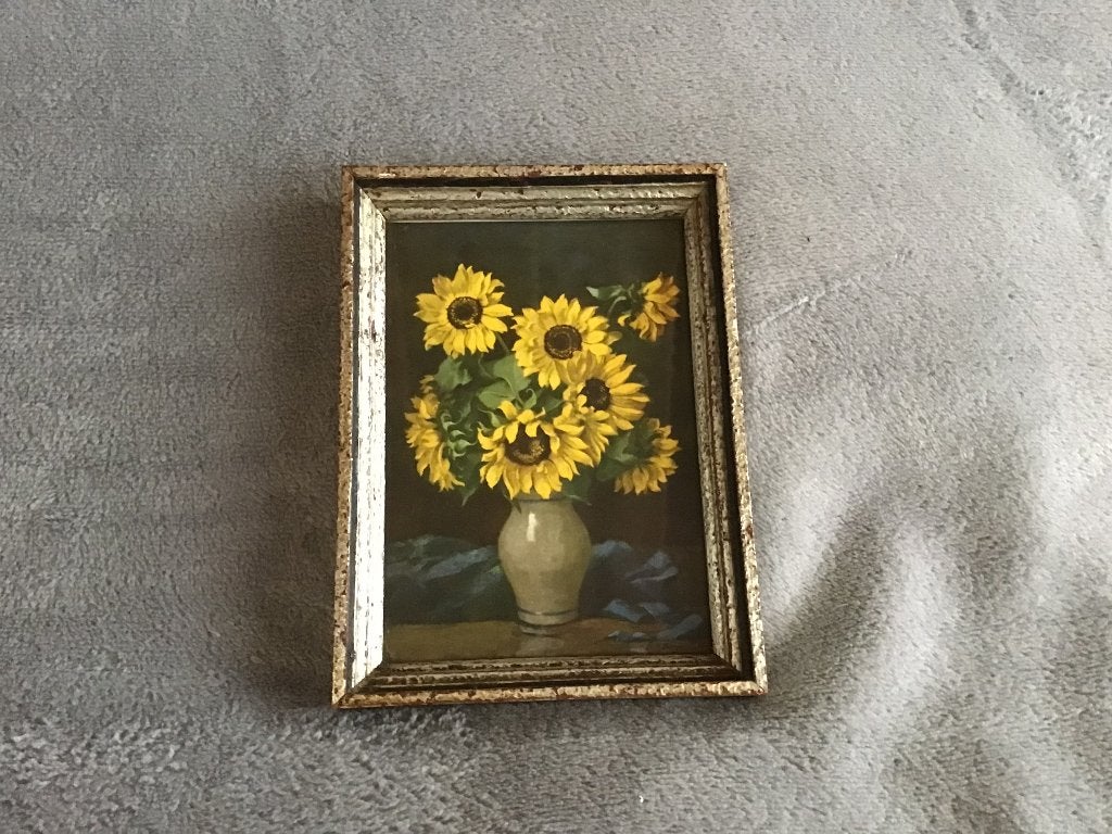 Schilderijtje met zonnebloemen, reproductie, Ophalen of Verzenden, Gebruikt, Minder dan 50 cm, Schilderij