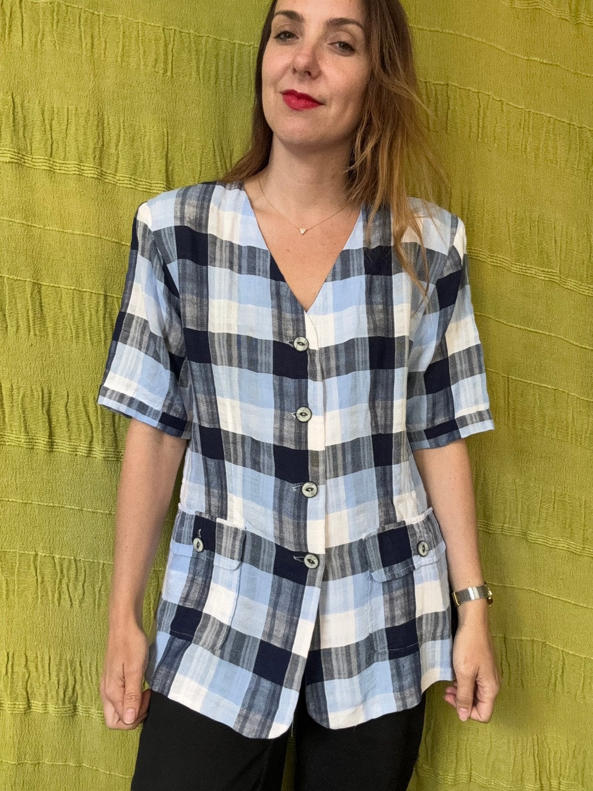 Vintage blouse - blauw geblokt - 42/XL of oversized, Hgv, Blauw, Hgv, Maat 42/44 (L)