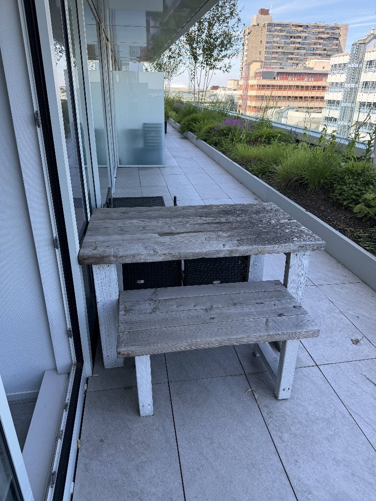 Steigerhout tuintafel en bankje (Jorg), Ophalen, Gebruikt, Rechthoekig, Hout