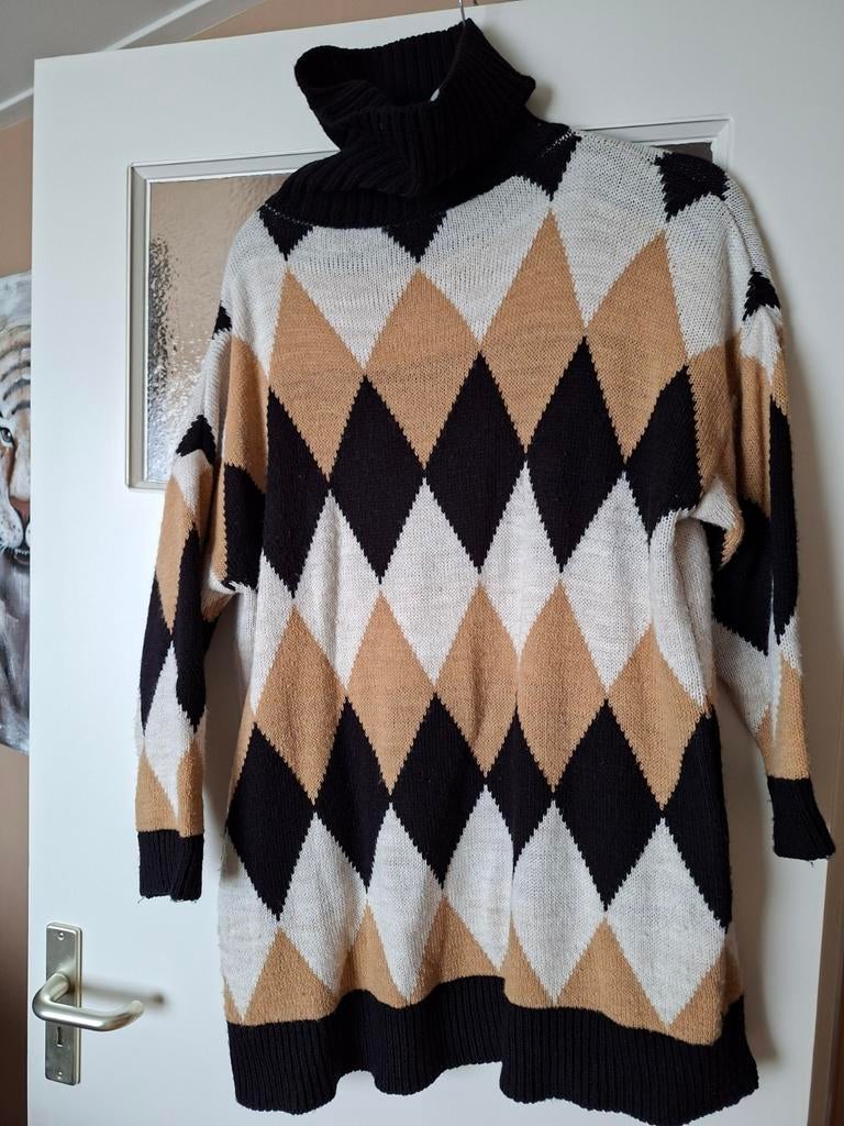 Argyle coltrui jurk - Zwart, beige, wit, Made in Italy, Zwart, Maat 46/48 (XL) of groter, Ophalen of Verzenden