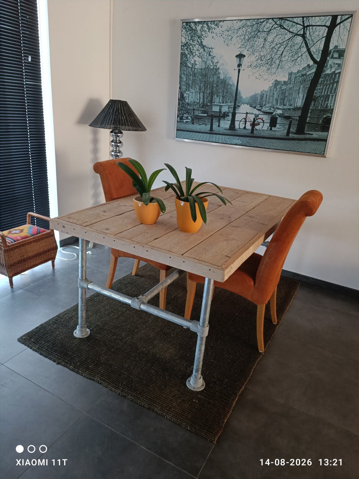 Steigerhouten tafel met steigerbuis metalen onderstel., Ophalen, Gebruikt, Rechthoekig, Hout