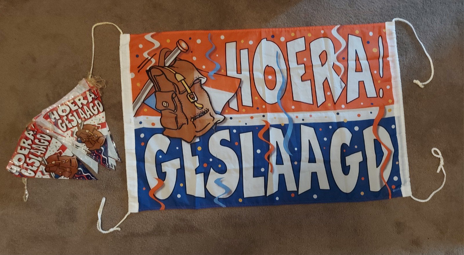 Hoera Geslaagd Banner en Vlaggetjes - Gebruikt, Hobby en Vrije tijd, Feestartikelen, Gebruikt, Versiering, Overige, Ophalen of Verzenden