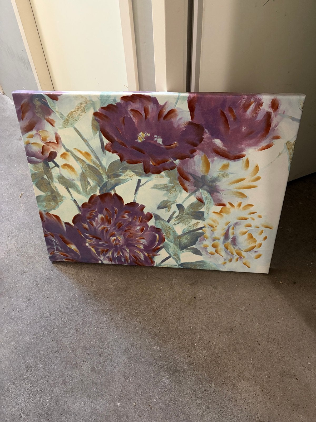 Schilderij met bloemen, paars en geel, Doek, Realistisch, Handgeschilderd, Olieverf