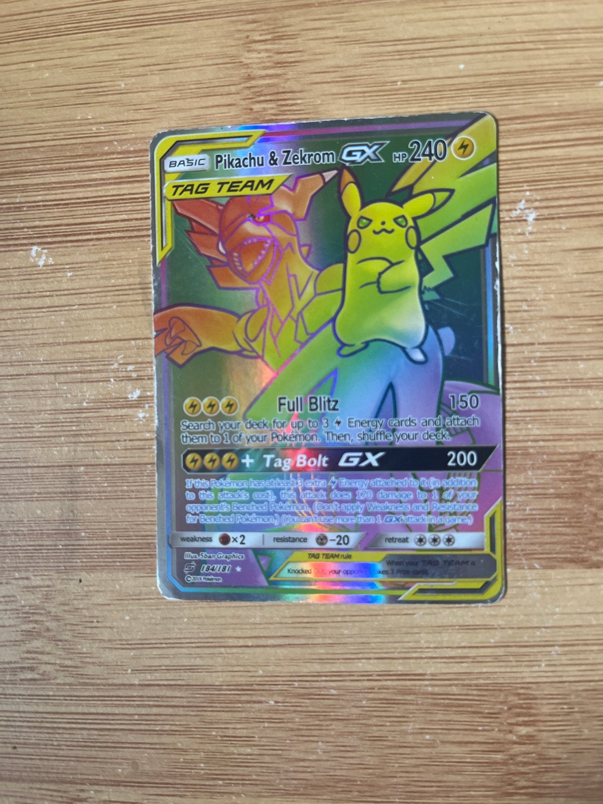Pikachu & Zekrom GX Tag Team Full Art Pokemon Kaart, Hobby en Vrije tijd, Ophalen of Verzenden, Gebruikt, Losse kaart, Foil
