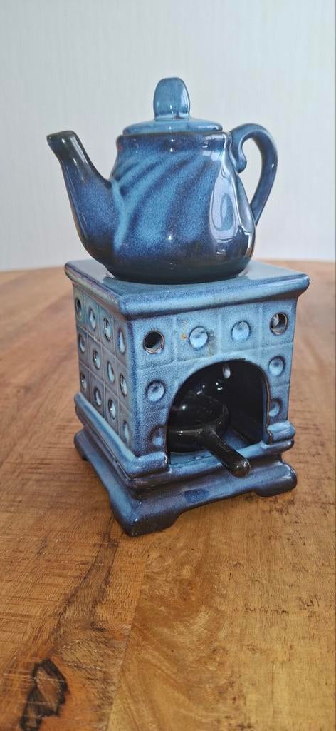 Blauwe keramische theepot met theelichtje, Ophalen of Verzenden, Zo goed als nieuw