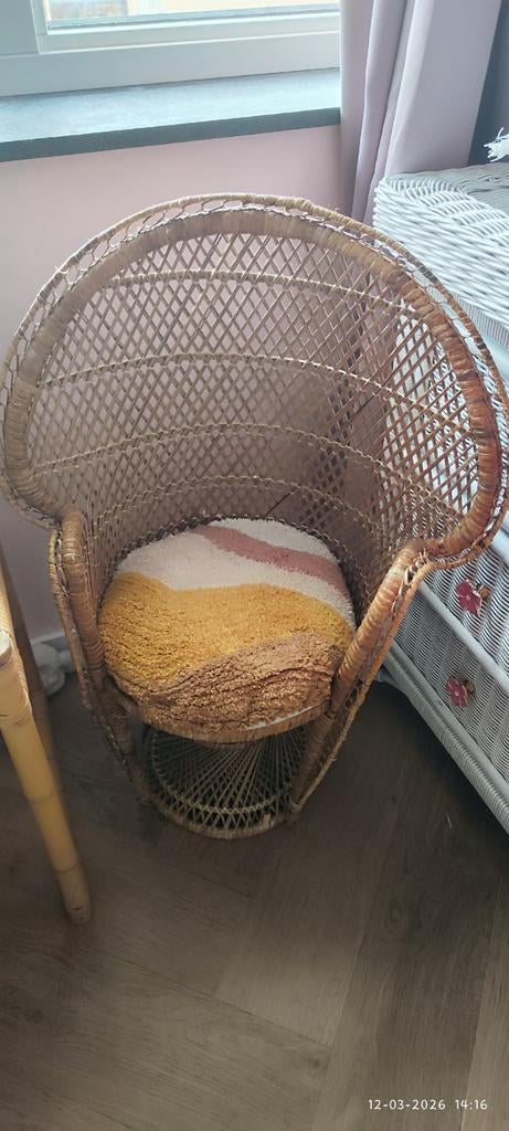 Vintage Pauwenstoel voor kinderen - Rotan, Gebruikt, Bruin, Riet of Rotan, Ophalen of Verzenden
