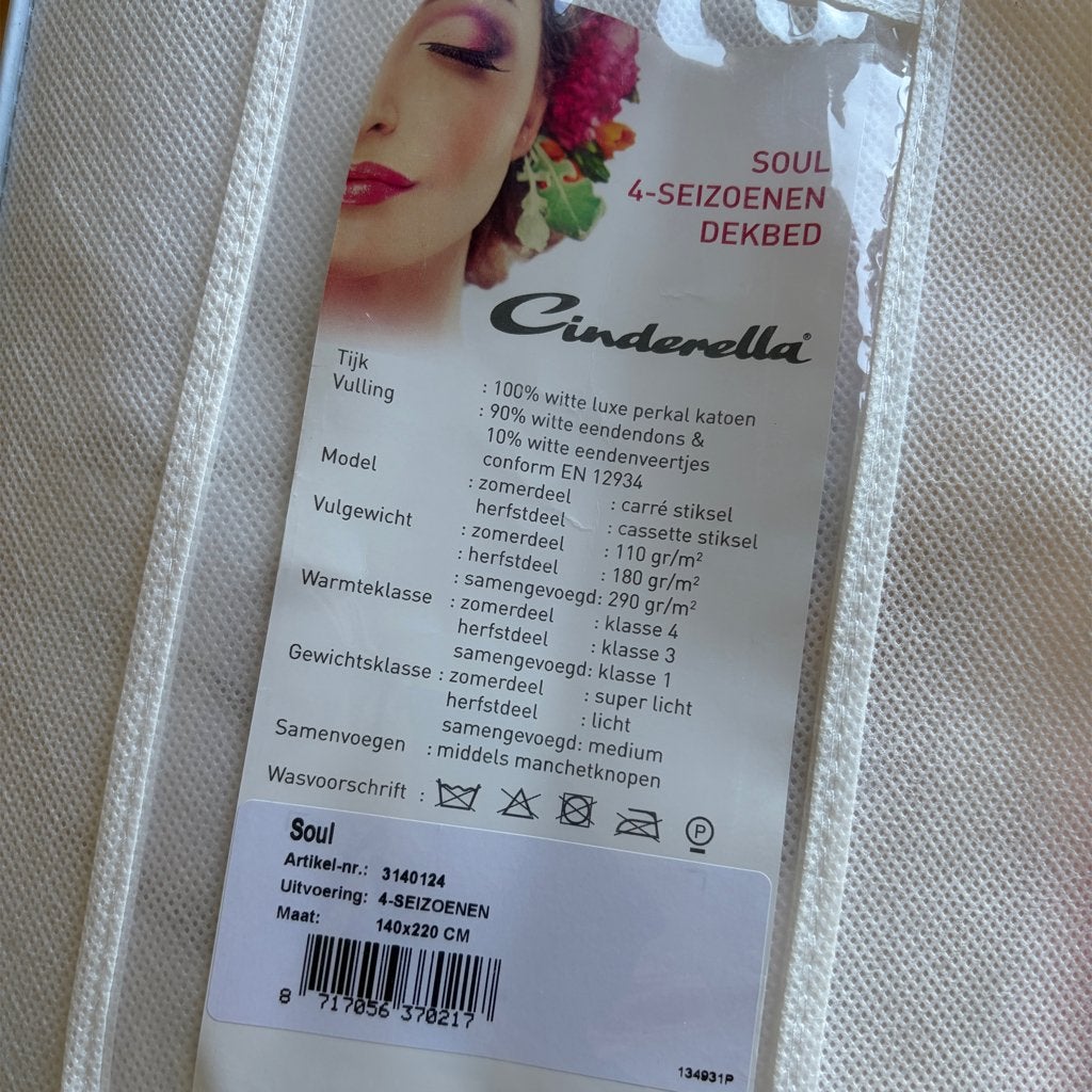 90% donzen 4-seizoenen dekbed - Cinderella Soul - 140x220, Knoopsluiting, Gebruikt, Eenpersoons, Wit