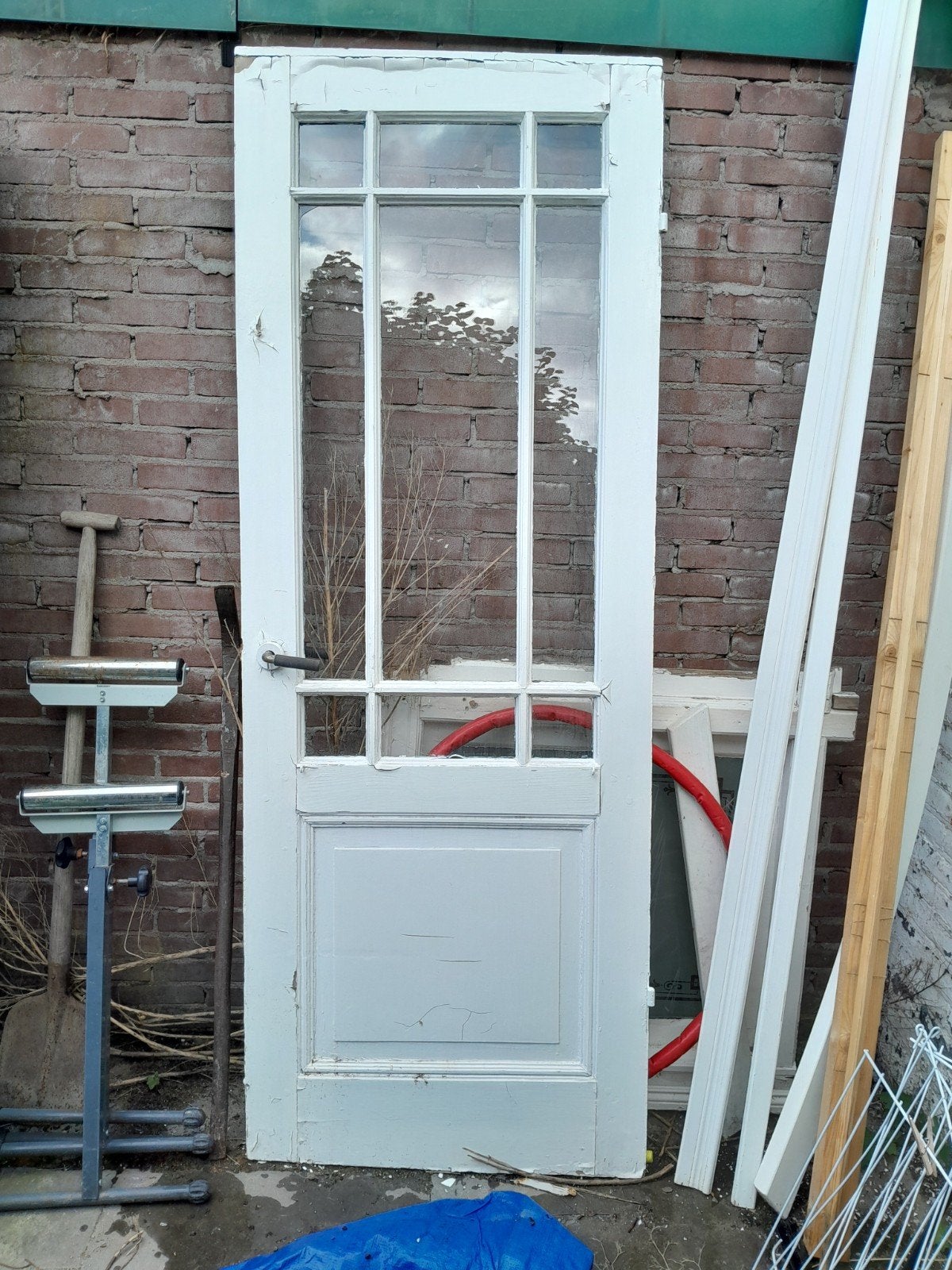 Antieke hardhouten deur met ruitjes, Doe-het-zelf en Verbouw, Ophalen, Gebruikt, Minder dan 80 cm, Binnendeur