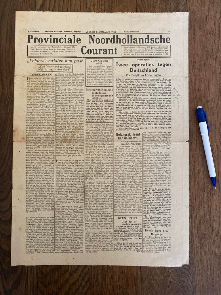 Provinciale Noordhollandsche Courant - 8 september 1944, Verzamelen, Tijdschriften, Kranten en Knipsels, Ophalen of Verzenden