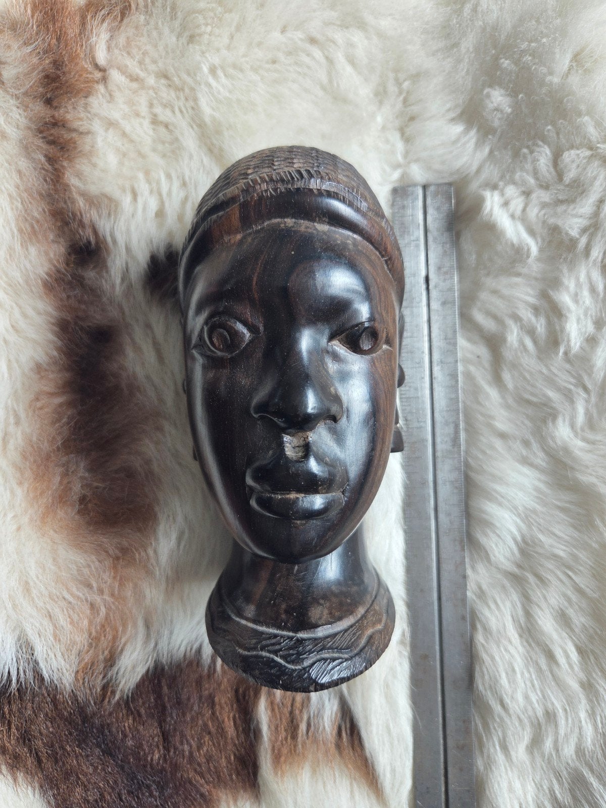 Afrikaans houten beeld - Vrouwenhoofd, Hout, Bruin, Afrika, Ophalen of Verzenden