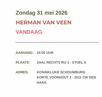 Kaartje Herman van Veen rij 1 Den Haag 31 mei, Tickets en Kaartjes, Eén persoon, Mei