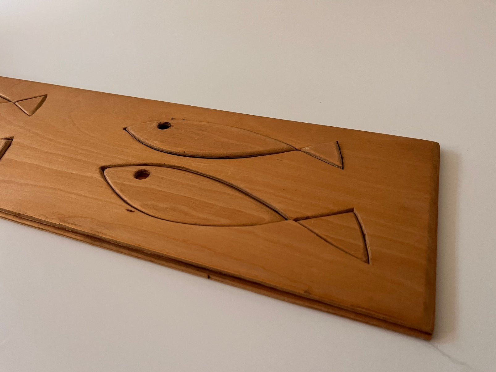 Vintage huisvlijt wandpaneel vissen, Gebruikt, 15 cm, Hout, Vintage