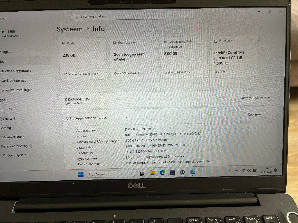 Dell latitude 7400, 256 GB, Met videokaart, Qwerty, 8 GB