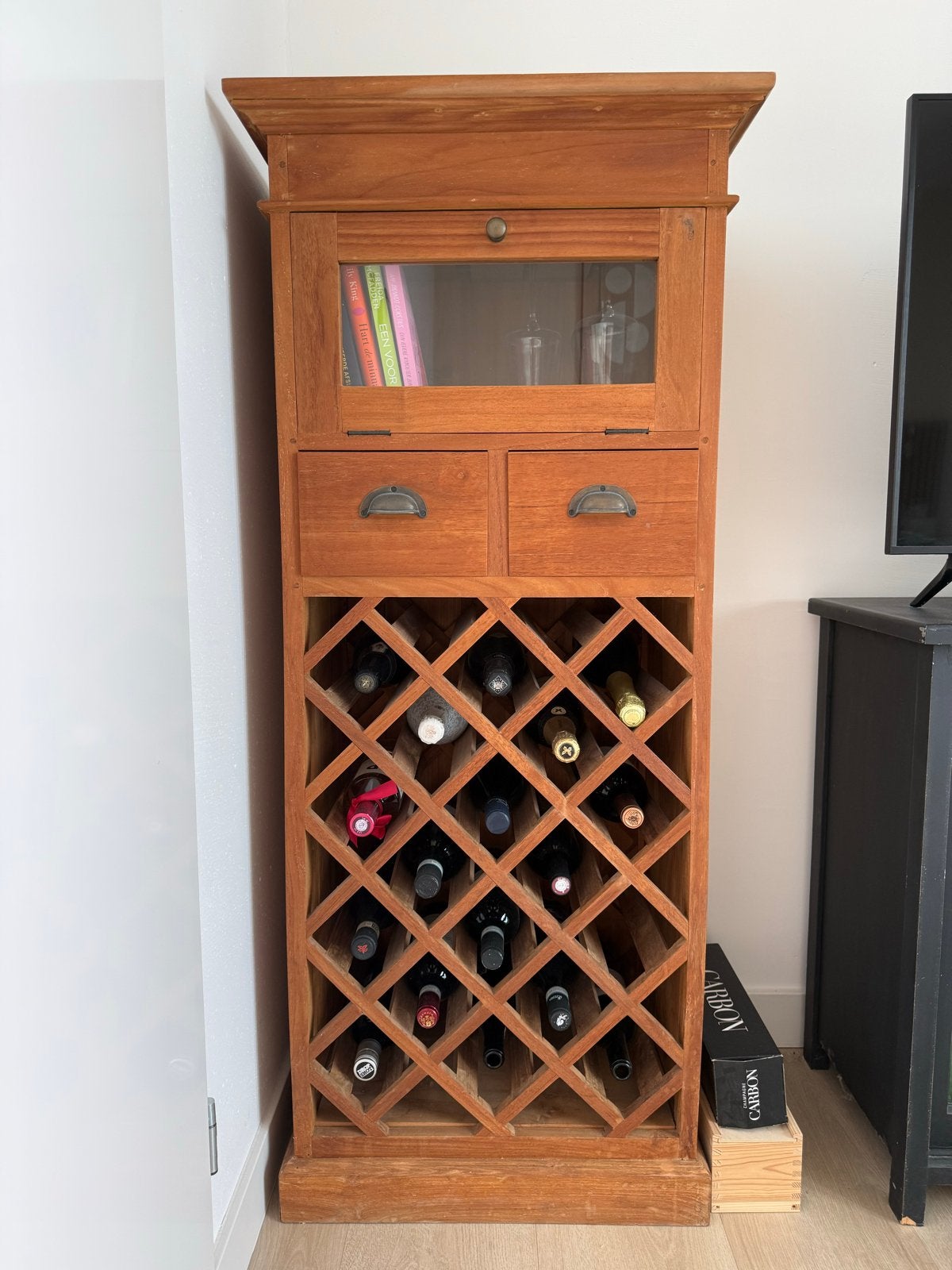 Houten Wijnkast met Glashouder en Lades, Ophalen, Gebruikt, 15 tot 25 flessen, 75 – 100