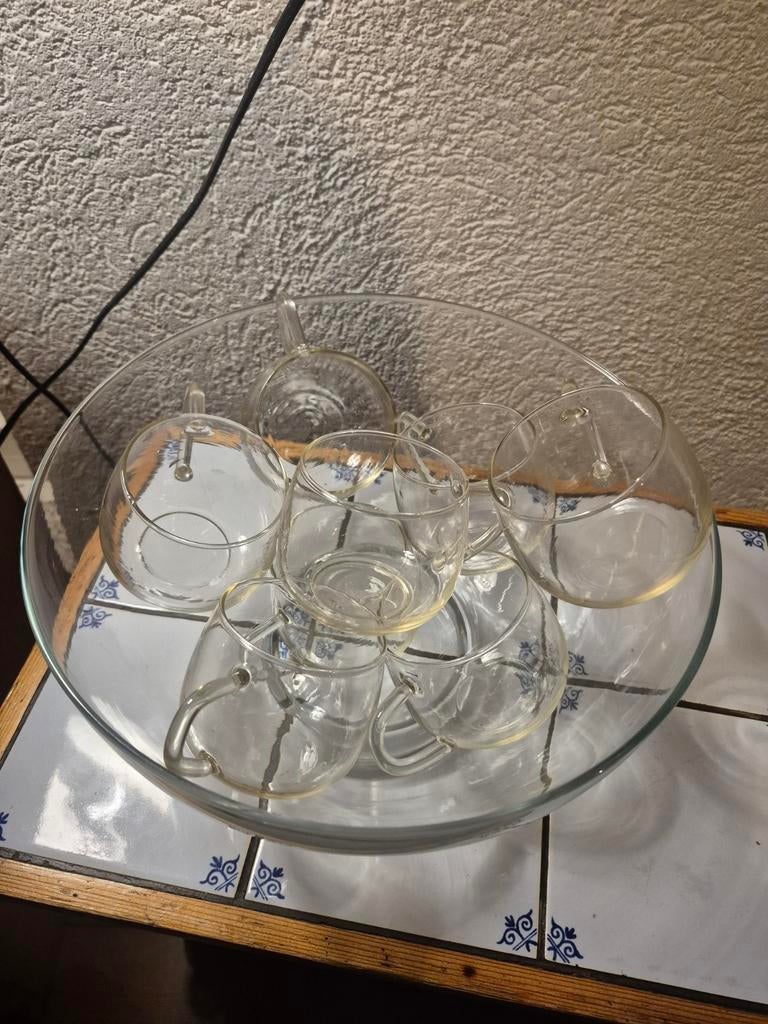 Glazen bowlschaal met 8 glazen, Ophalen of Verzenden, Gebruikt, Glas, Schaal of Schalen