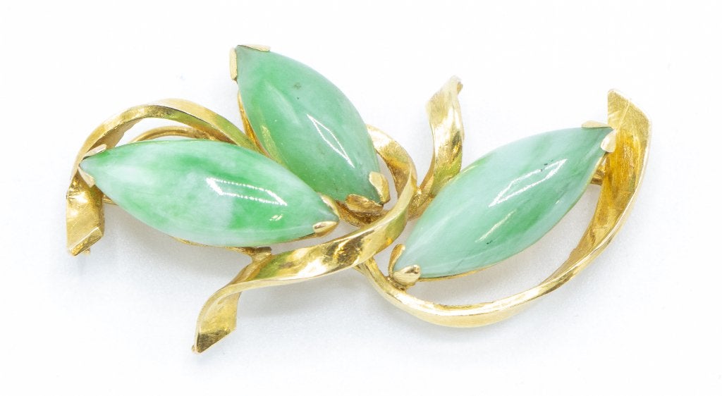 Vintage jade mooie deisgn hanger 14 karaat goud zeldzaam, Ophalen, Goud, Broche, Met edelsteen