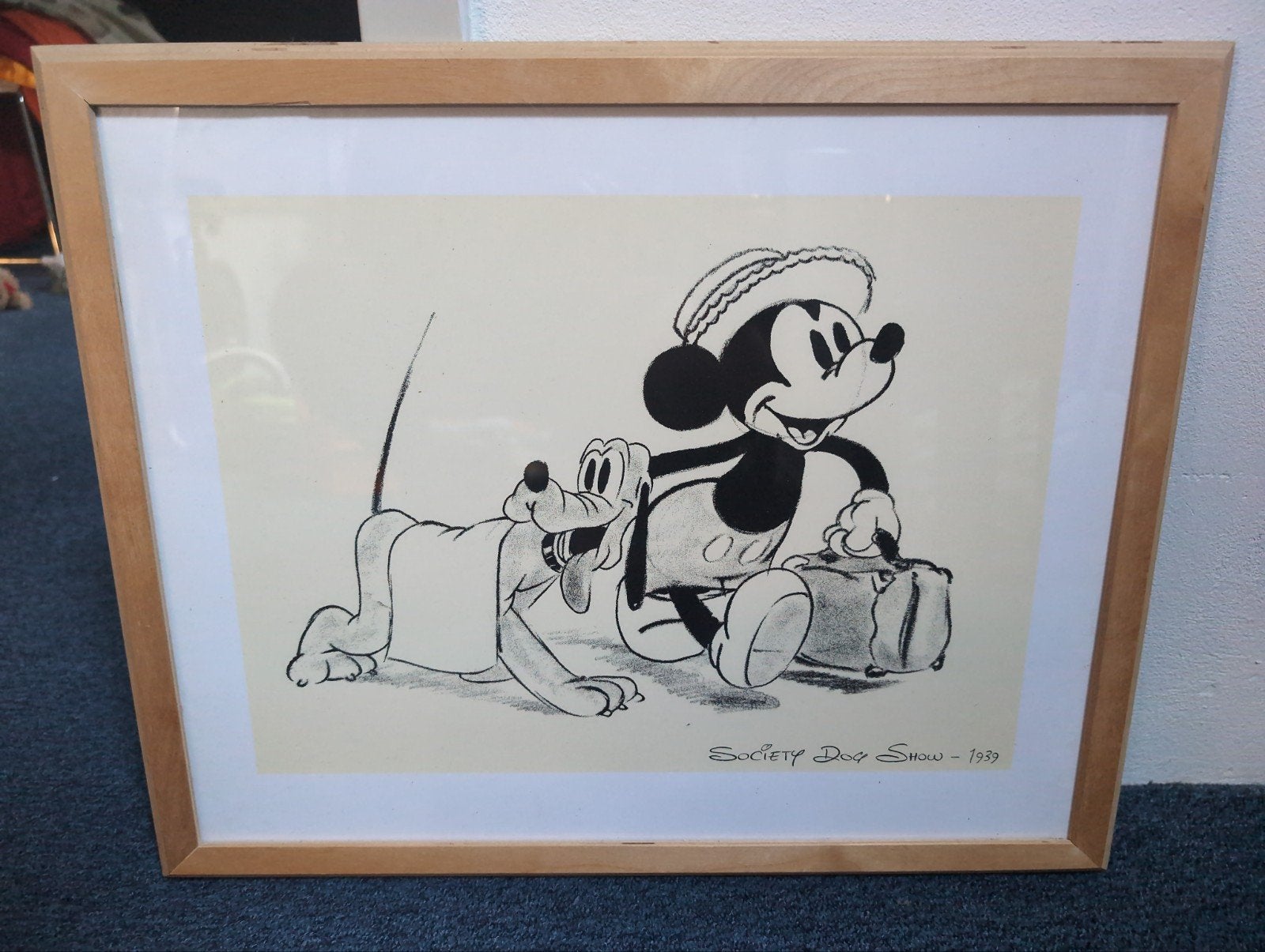 Vintage Mickey Mouse & Pluto 'Society Dog Show' Tekening, Ophalen, Tekening, Potloodtekening, Ingelijst
