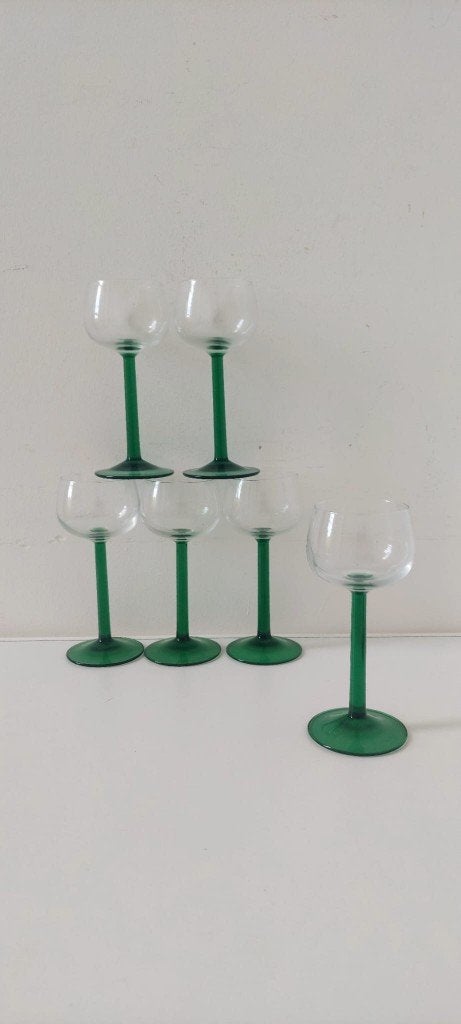 6 vintage Luminarc Elzas wijnglazen glazen groene steel, Eu, Eu, Overige typen, Ophalen of Verzenden