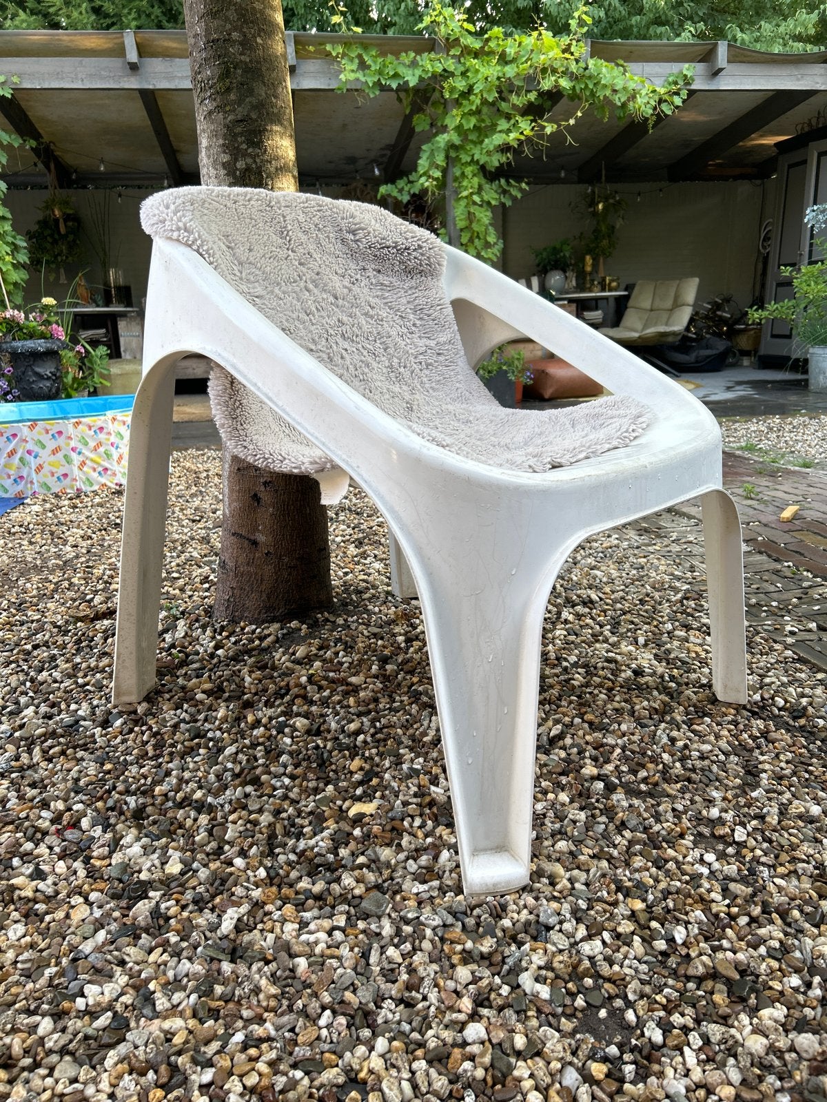 4x Witte kunststof tuinstoelen, loungestoel stapelbaar, Ophalen, Gebruikt, Kunststof, Stapelbaar
