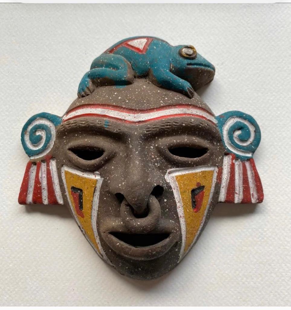 Brocante Maya Masker met Kikker zeer mooi 15 x 14 x 4 cm, Antiek en Kunst, Ophalen of Verzenden