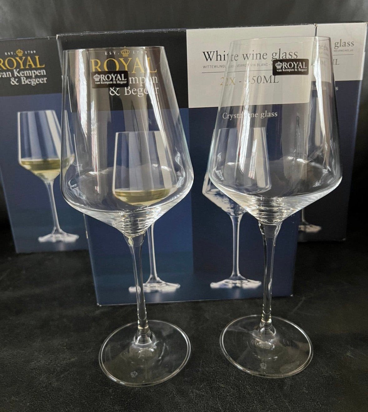 🍷🍇 4 WITTE wijnglazen Royal Van Kempen & Begeer in doos, Glas, Nieuw, Ophalen of Verzenden, Wit