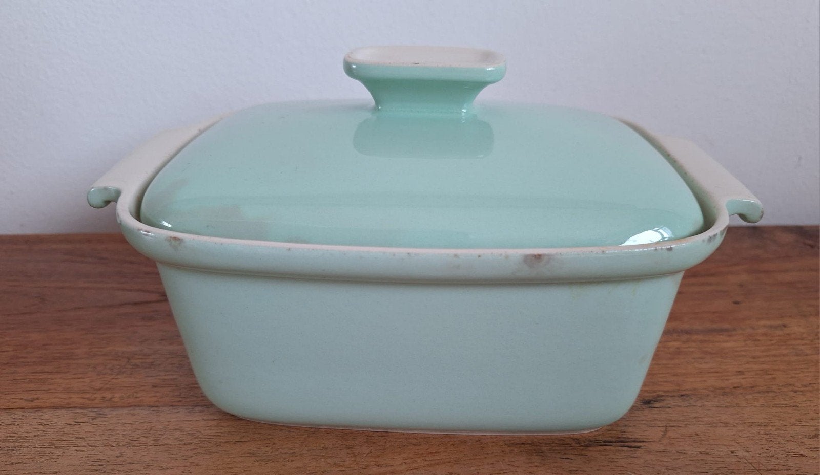 Prachtige vintage Franse mintgroene dekschaal, Huis en Inrichting, Keuken | Potten en Pannen, Ophalen of Verzenden, Gebruikt, Overige materialen