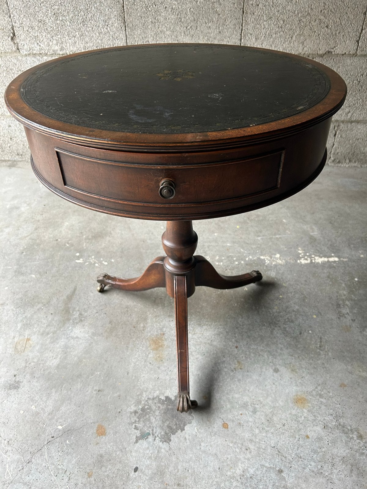 Vintage Rond Tafeltje met 2 Lades en Leren Blad, Ophalen