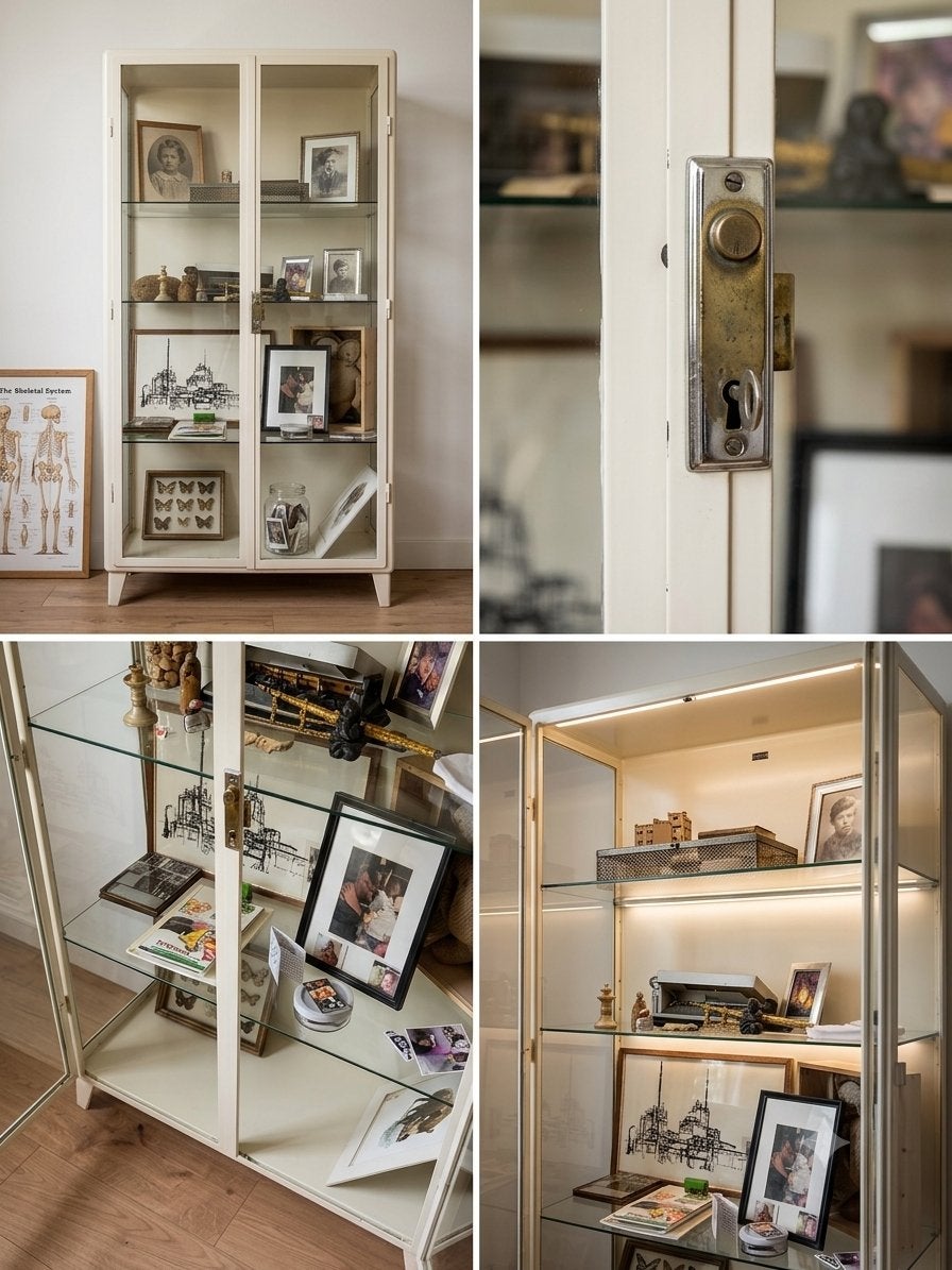 Vintage Medische Vitrinekast - Crème Wit Metaal en Glas, Huis en Inrichting, Ophalen, Met plank(en), Gebruikt, 50 tot 100 cm