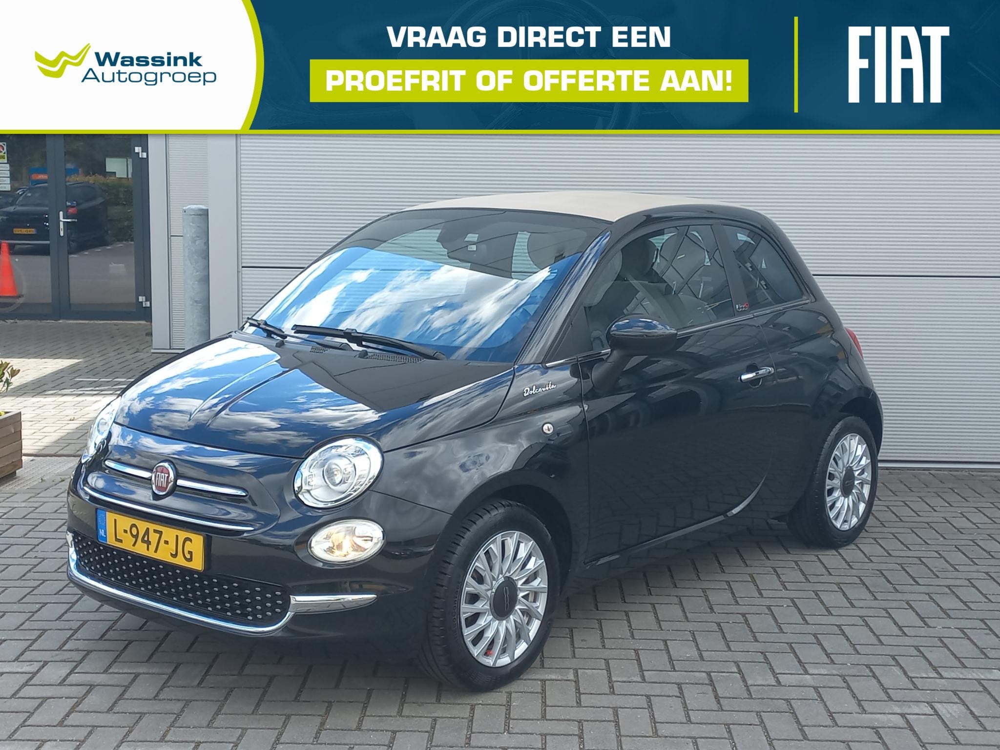 Fiat 500c Cabrio 1.0 Hybrid Dolcevita | Beige dak en bekledi, Stof, Cabriolet, 4 stoelen, Zwart