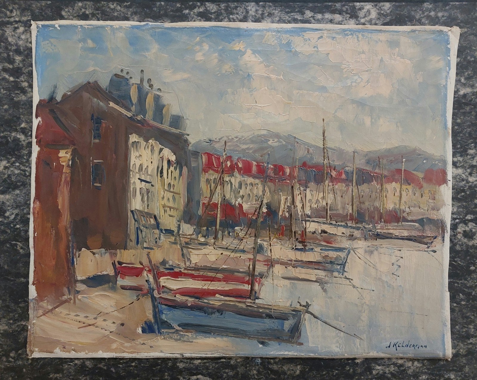 Jan Kelderman olieverfschilderij – haven Saint-Raphaël, Ophalen of Verzenden, Klassiek, Gesigneerd, Maritiem / water
