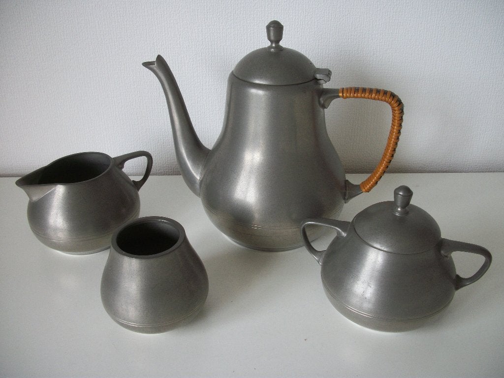 Tinnen - Theepot - Roomstel - Lepelvaasje - zgan, Ophalen of Verzenden