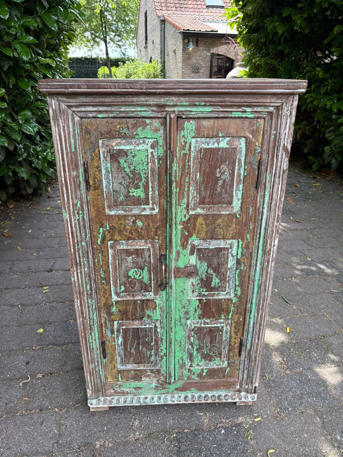 Stoer vintage kastje uit India, Ophalen, Met deur(en), 100 tot 150 cm, Teakhout