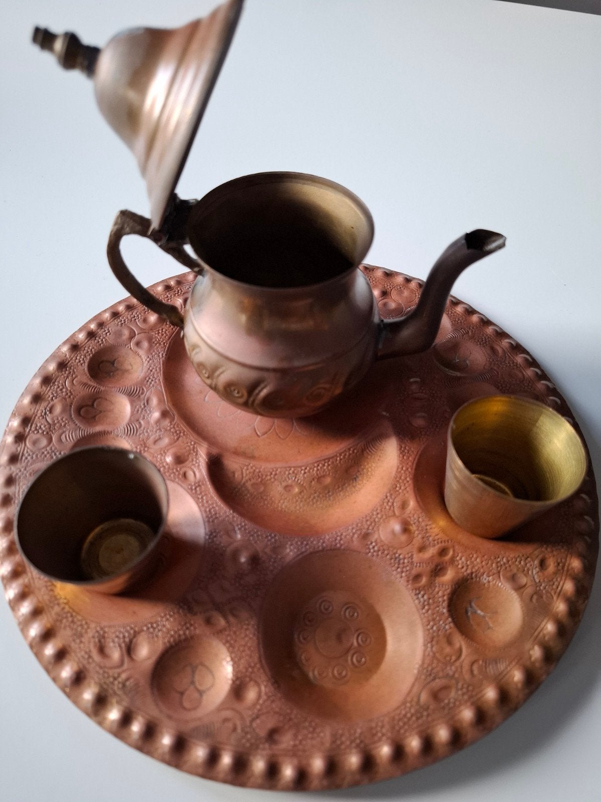 Antiek Koperen Servies Set - Theepot, Kopjes & Dienblad, Ophalen of Verzenden