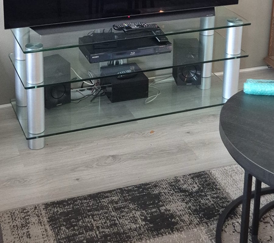 Glazen tv-meubel met 3 planken, Huis en Inrichting, Ophalen, Gebruikt, 100 tot 150 cm, Glas