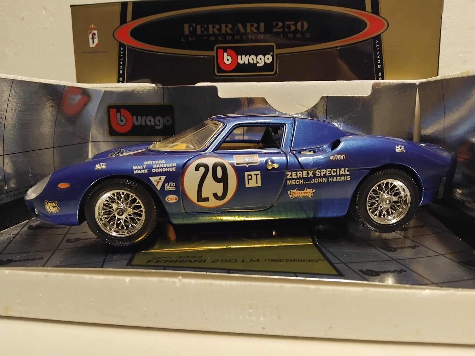 Ferrari 250 LM #29 Sebring blauw 1965 Bburago metal 1:18 KRD, Ophalen of Verzenden, Zo goed als nieuw, Auto, Bburago