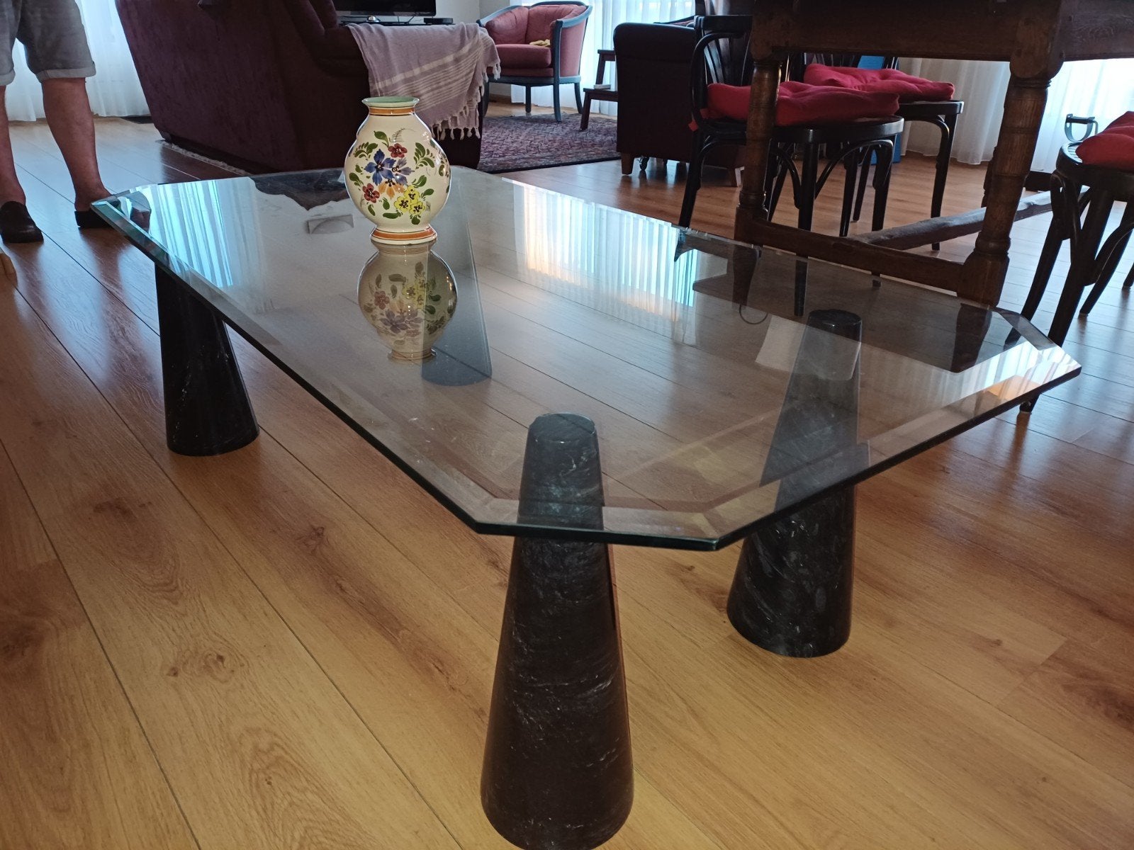 Glazen salontafel met marmeren poten, Ophalen, Minder dan 50 cm, 100 tot 150 cm, Modern klassiek