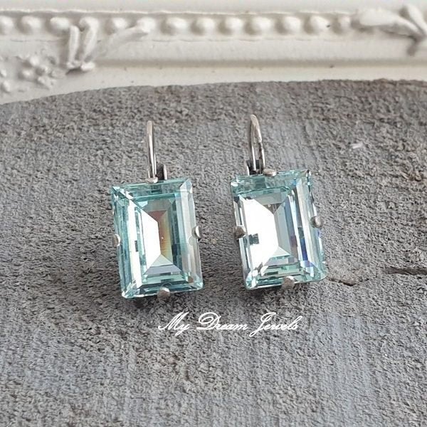 Oorbellen met een Swarovski rechthoek "Light Azore", Met kristal, Overige materialen, Hangers, Nieuw