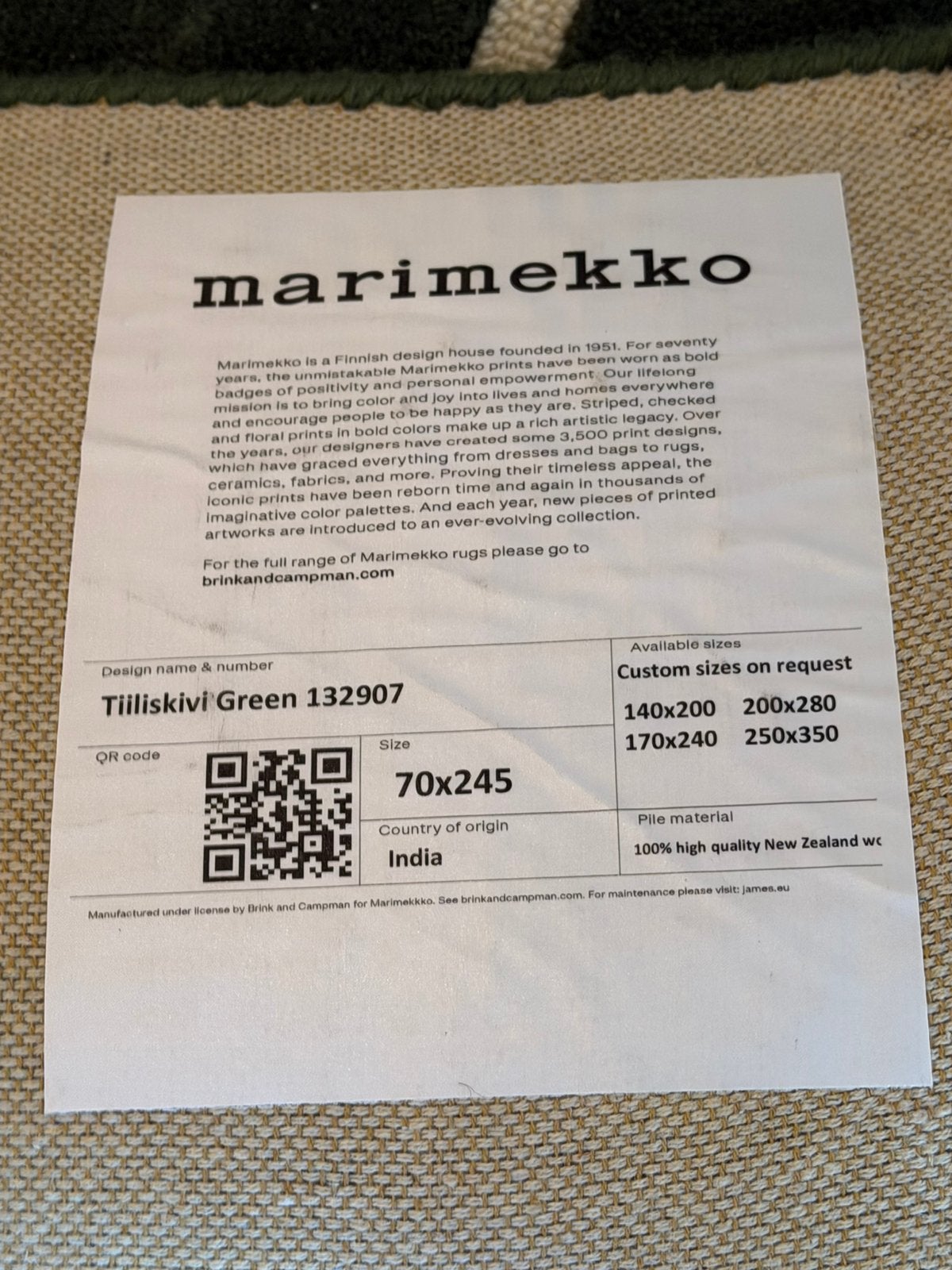 Brink en Campman loper Marimekko Tiiliskivi green NIEUW, Ophalen, Groen, 50 tot 100 cm, Rechthoekig