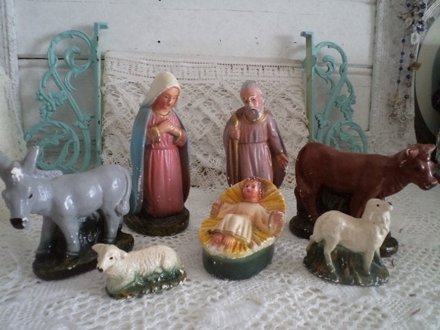 7 oude kerstbeeldjes gips, Diversen, Ophalen of Verzenden, Gebruikt