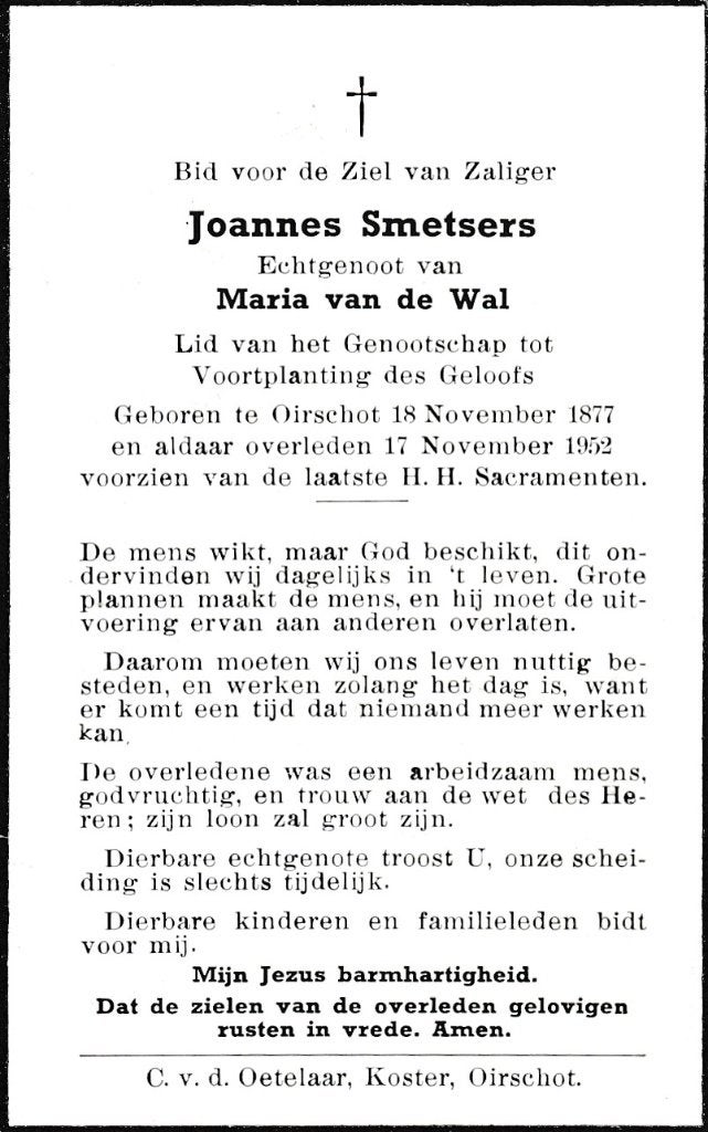 Smetsers Joannes 1877 Oirschot 1952, Ophalen of Verzenden, Bidprentje