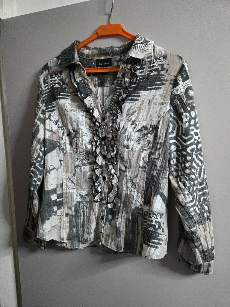 Witteveen blouse Maat 40 met opvallend abstract patroon, Wit, Witteveen, Gedragen, Ophalen