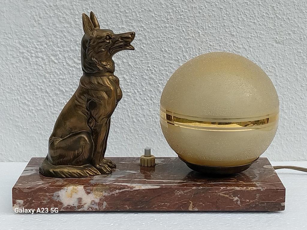 Art Deco bedlamp Duitse herder in zamac op marmer, Ophalen of Verzenden