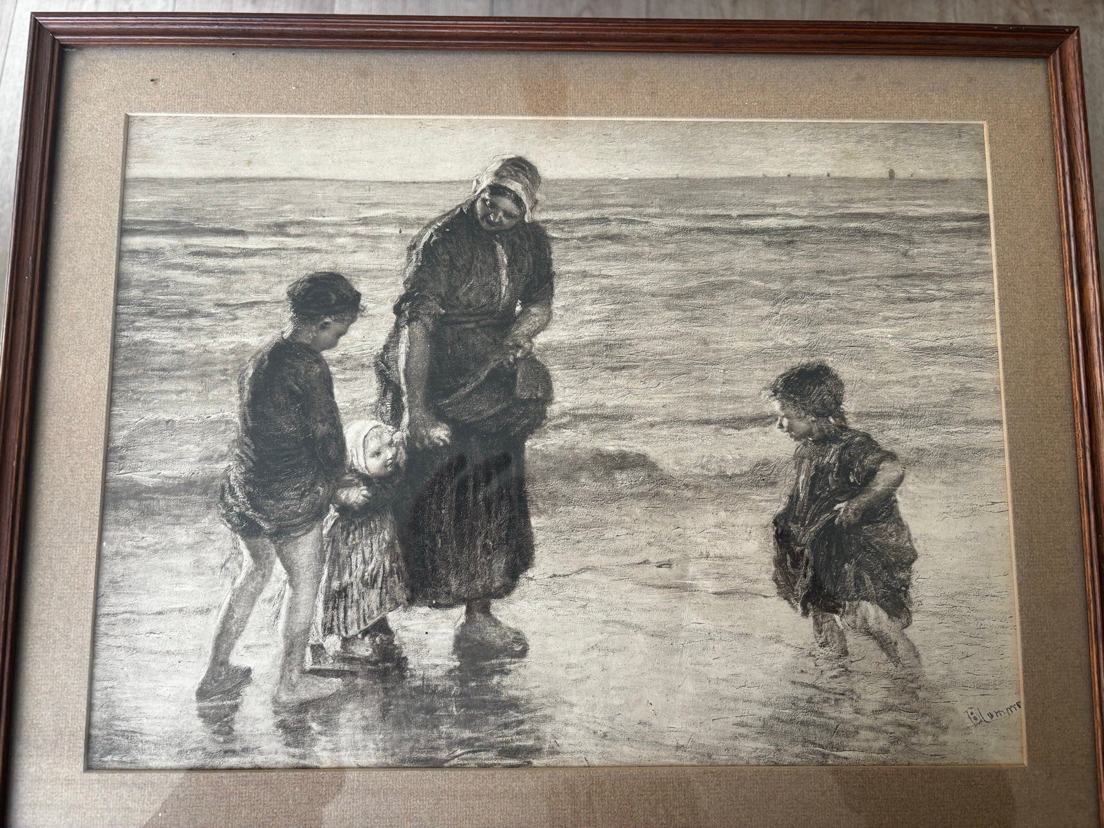 Tekening Bernardus Johannes Blommers - Vissersfamilie aan Ze, Ophalen, Tekening, Potloodtekening, Ingelijst