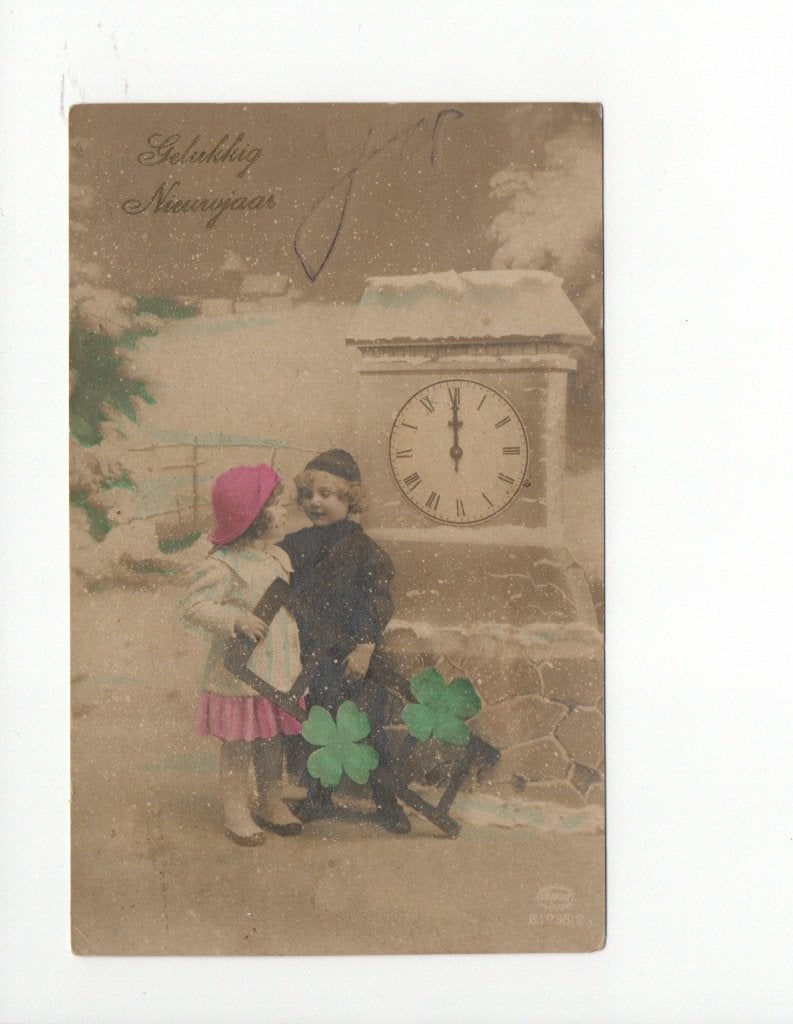 Antieke Nieuwjaarskaart met Kinderen en Klok, Ophalen of Verzenden, Voor 1920, Gelopen, Overijssel