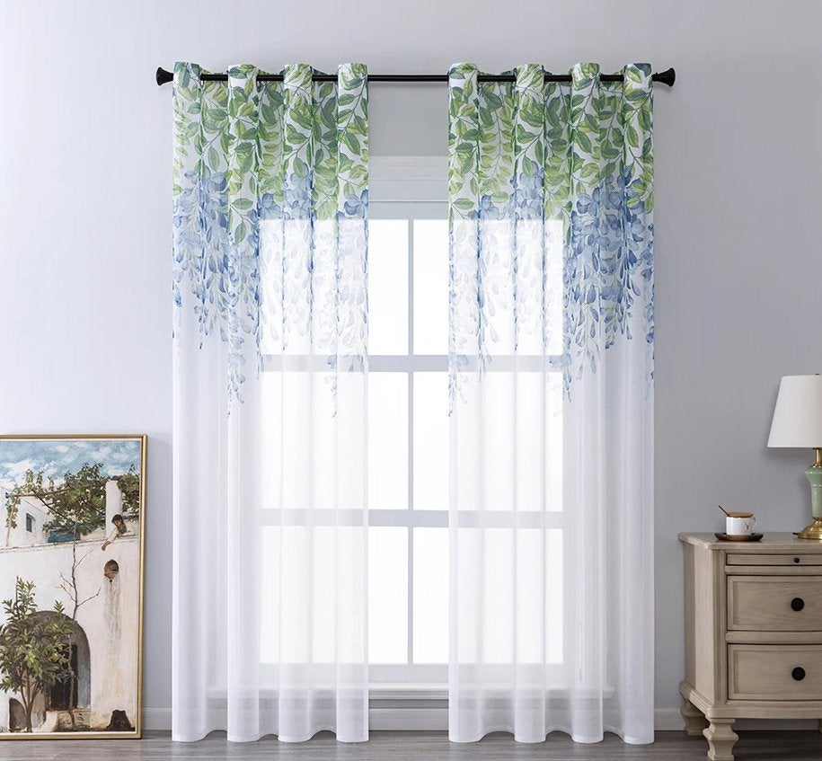 Witte Inbetween Gordijnen Met Blauw Groene Bladeren Vitrage, Verzenden, Nieuw, Groen