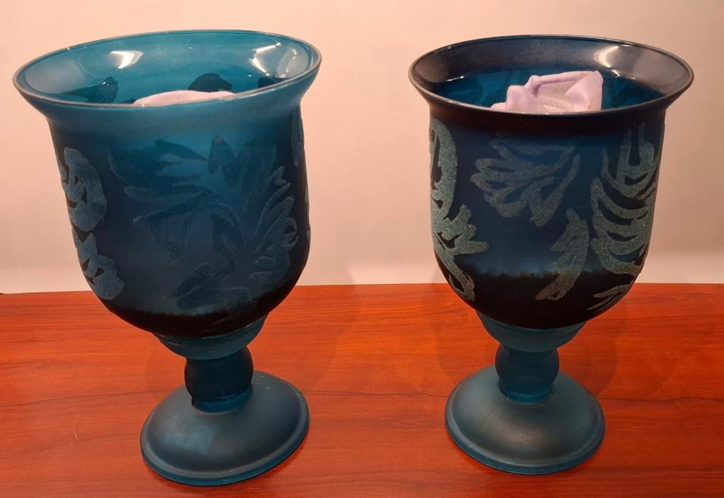 Blauw Turkois Windlicht 2st fluwelen patroon bokaal, Huis en Inrichting, Woonaccessoires | Kandelaars en Kaarsen, Ophalen