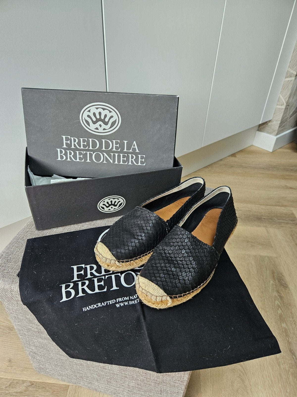 Fred de la Brentoniere leren espadrille, Ophalen, Nieuw, Zwart