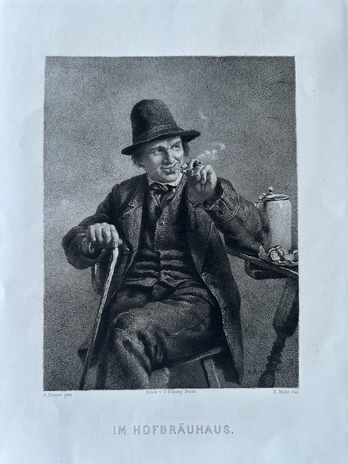 Set van 4 antieke gravures: Hofbräuhaus, Pinksteren, Roker,, Dagelijks leven, 1800 - 1899, Met tekst, Ophalen of Verzenden