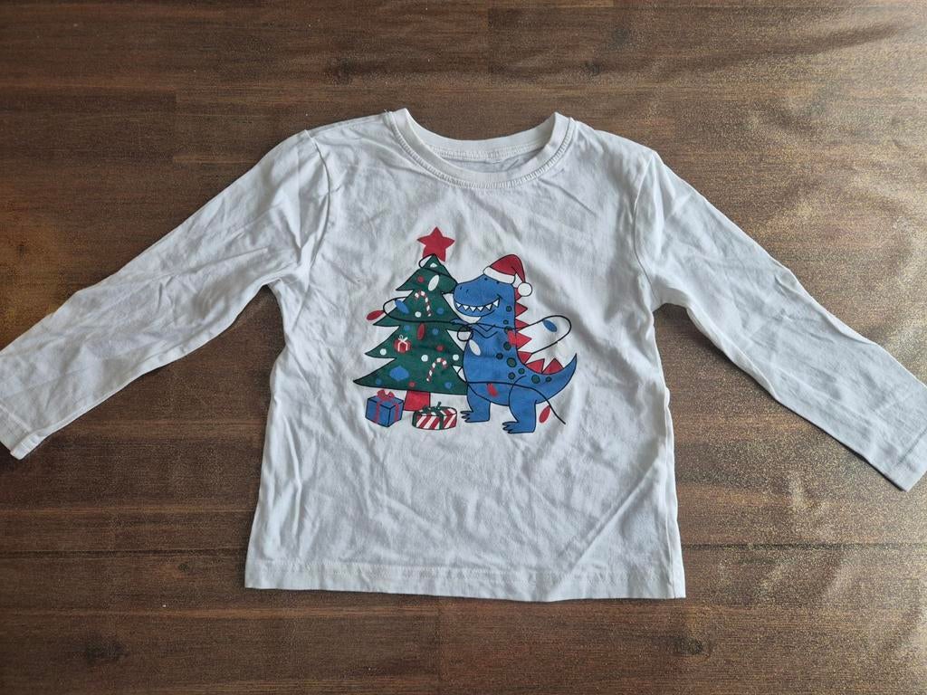 Kerst T-shirt met lange mouwen - Dinosaurus - Maat 104, Jongen of Meisje, Ophalen of Verzenden, Zo goed als nieuw, Shirt of Longsleeve